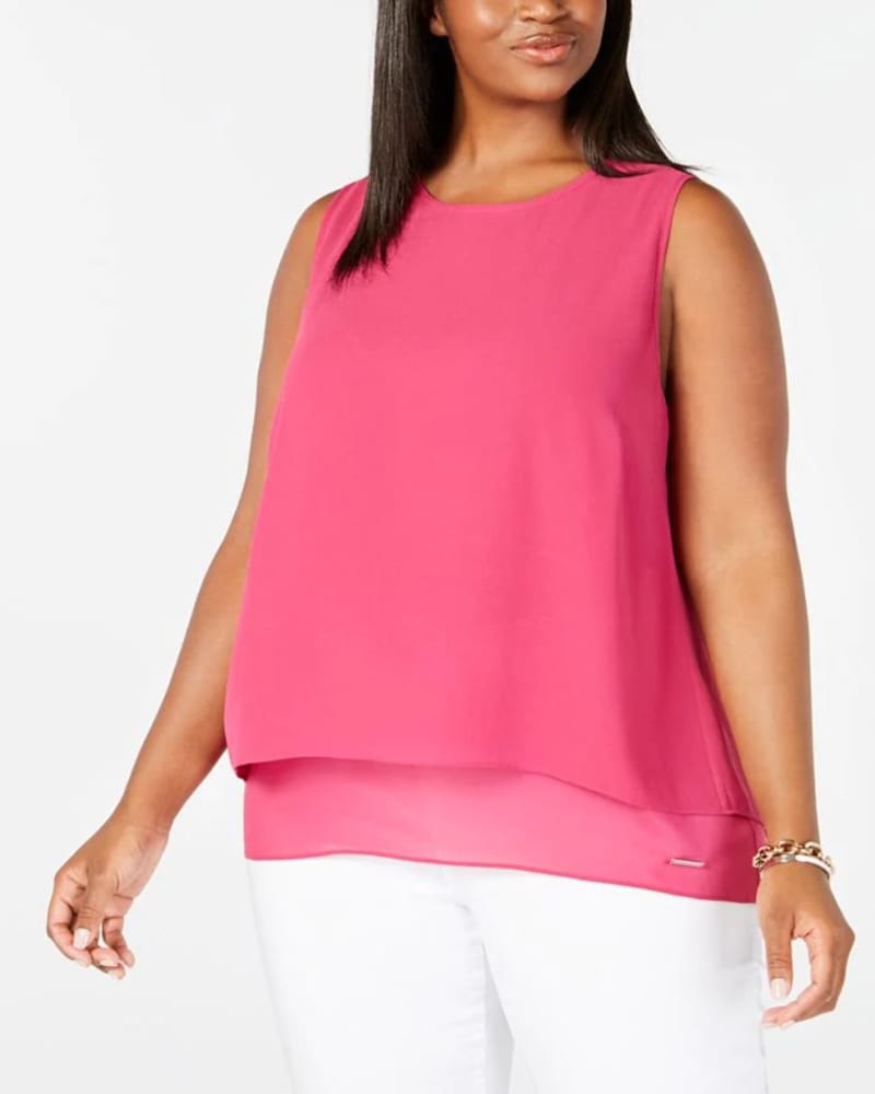 Front of a model wearing a size 0X Michael Kors Women's Plus Chiffon Sleeveless Top Pink Size 0X in Pink by Michael Kors. | dia_product_style_image_id:311367